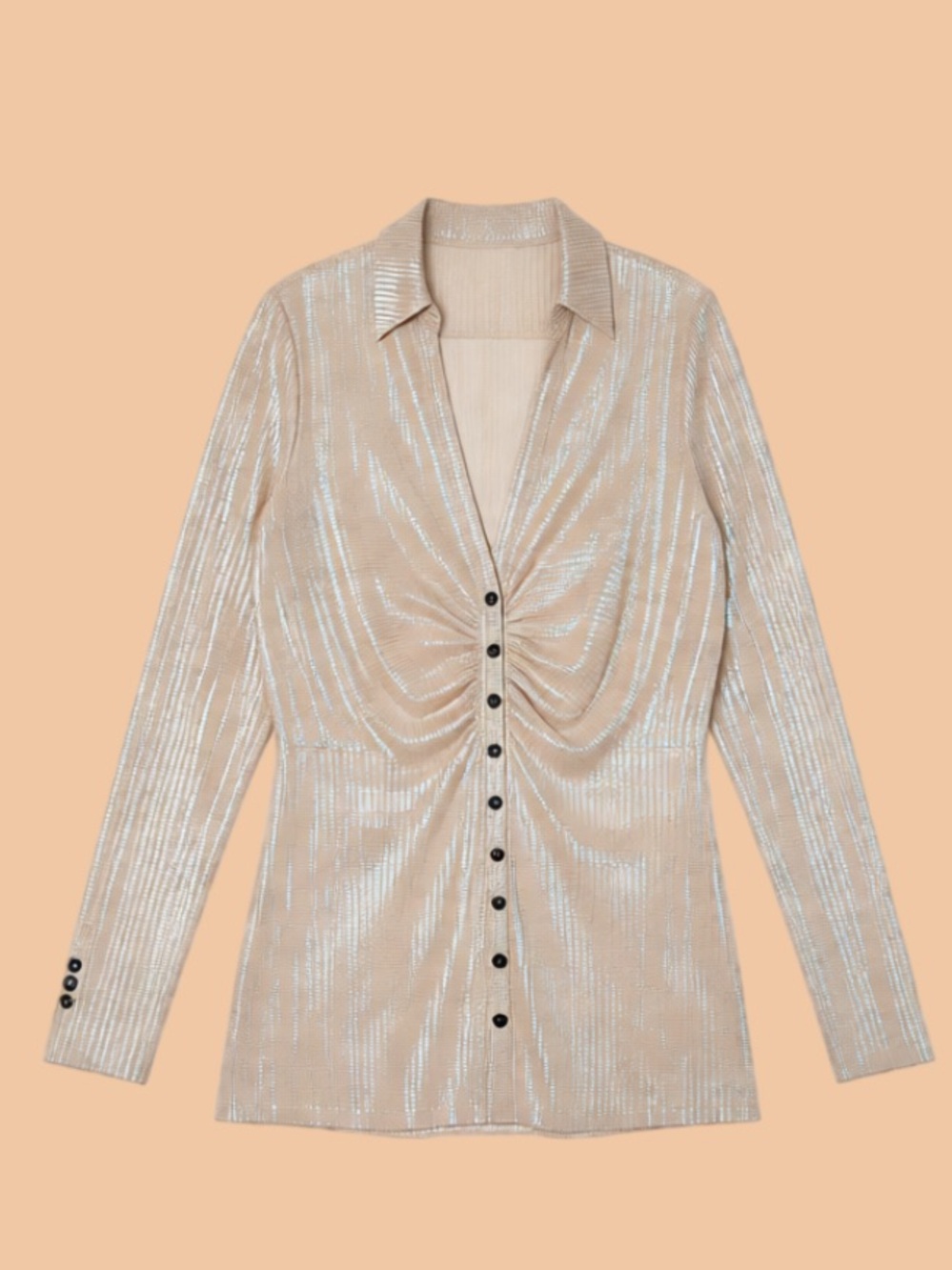 Free People Metallic Beige Button-Front Ruched Top